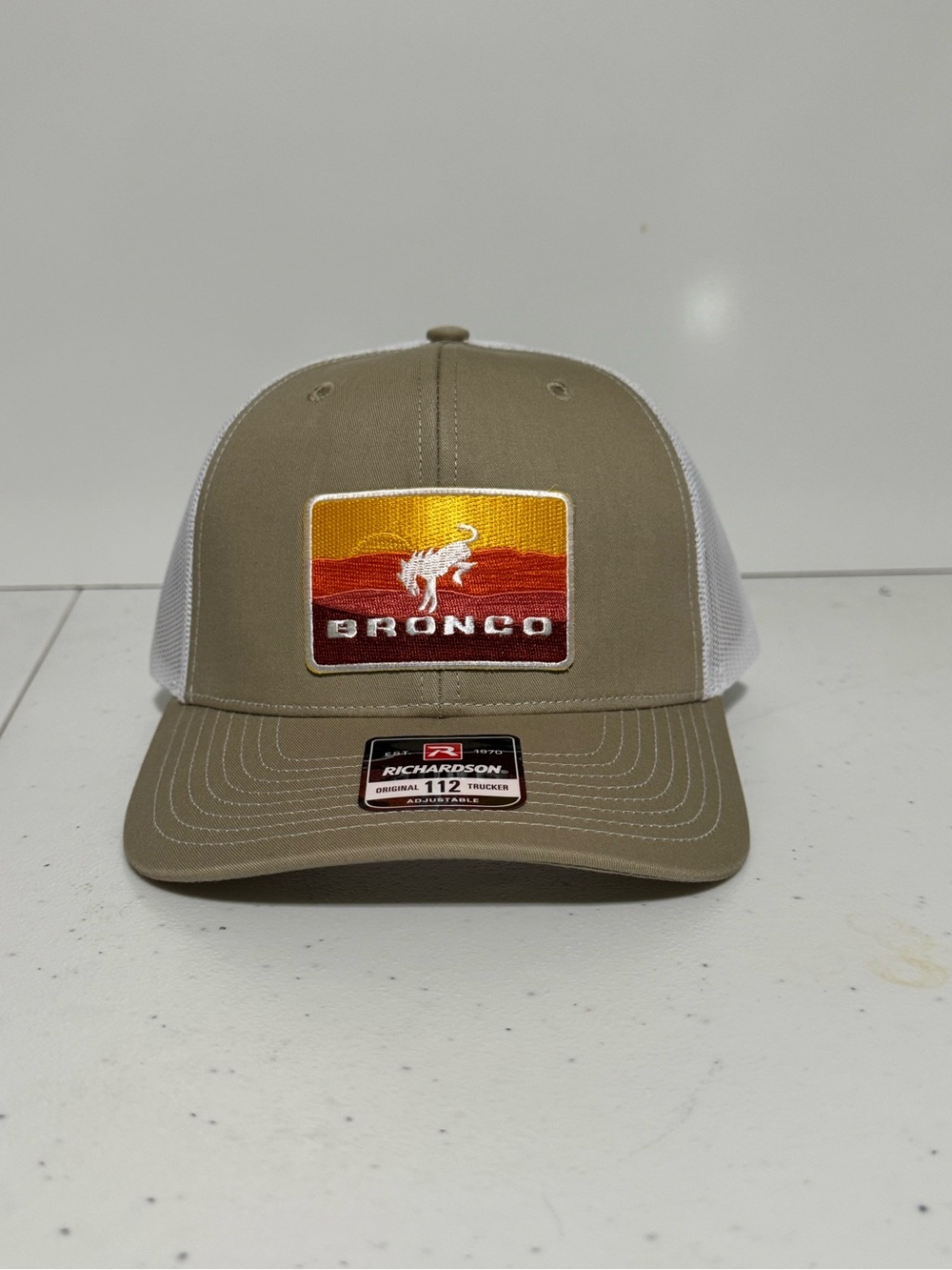Bronco Embroidered Logo Khaki & White Mesh Trucker Hat